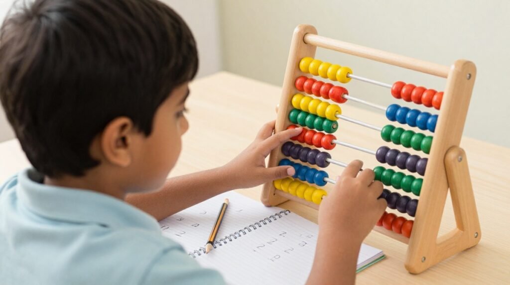 Children practising abacus calculations with a teacher in a classroom