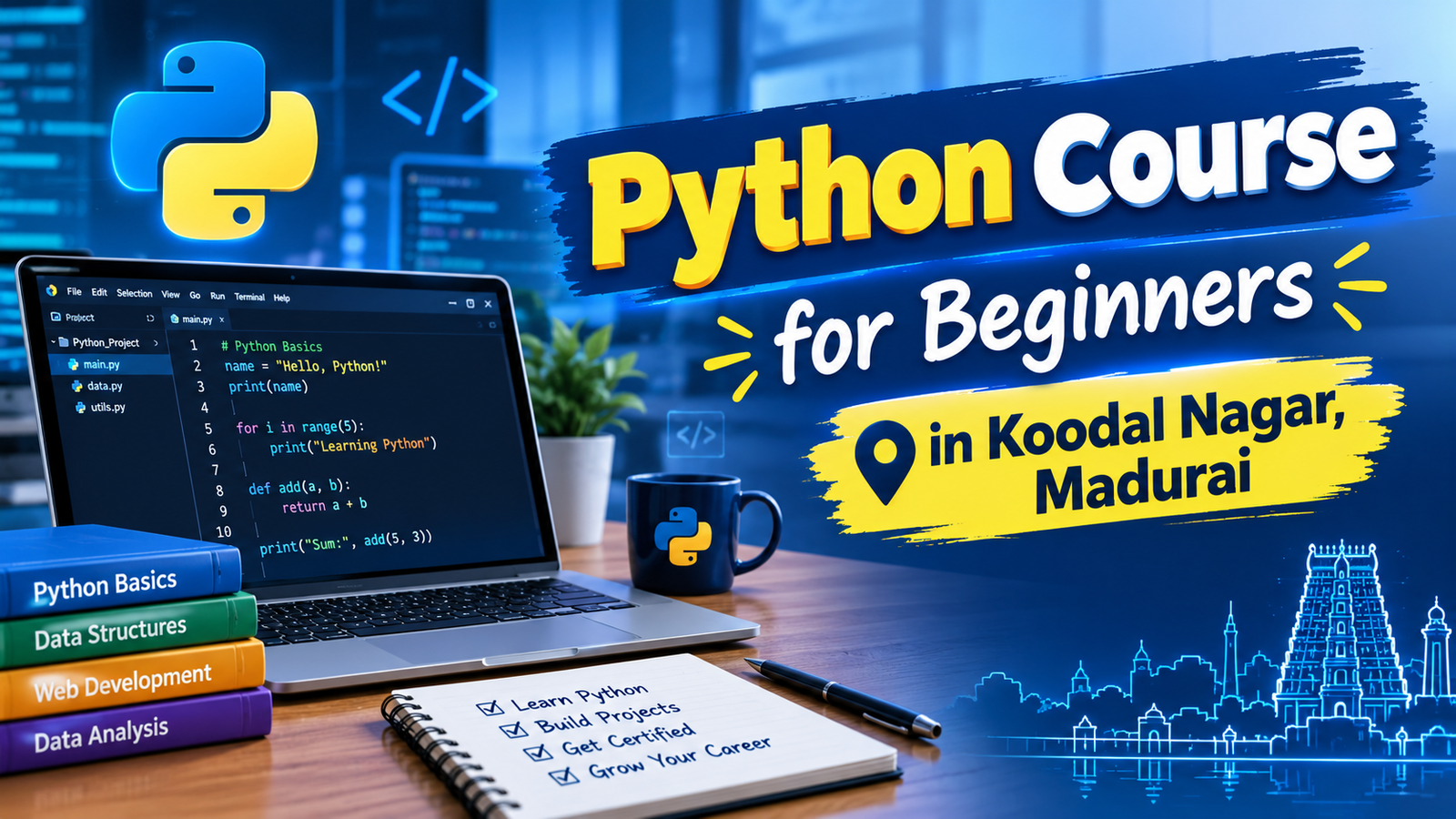 Beginner learning Python programming online on a laptop