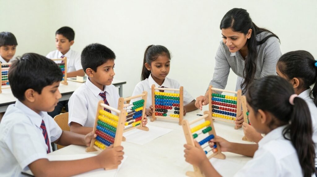 Parent helping a child practise abacus calculations at home